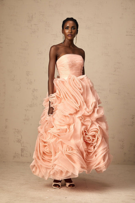 Cassidy Midi Dress - Off the Shoulder Style - Sleeveless Design - 3D Petal Detailing - Puff Skirt