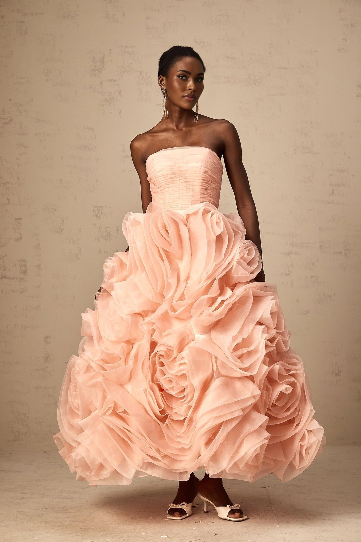Cassidy Midi Dress - Off the Shoulder Style - Sleeveless Design - 3D Petal Detailing - Puff Skirt
