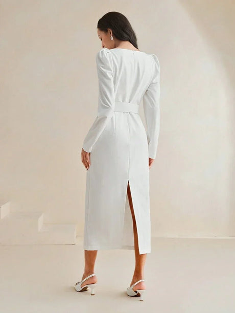 Cassidy Midi Dress - Sweetheart Neckline - Puff Sleeve - High Waist - Elegant Style - Belted & Zipper