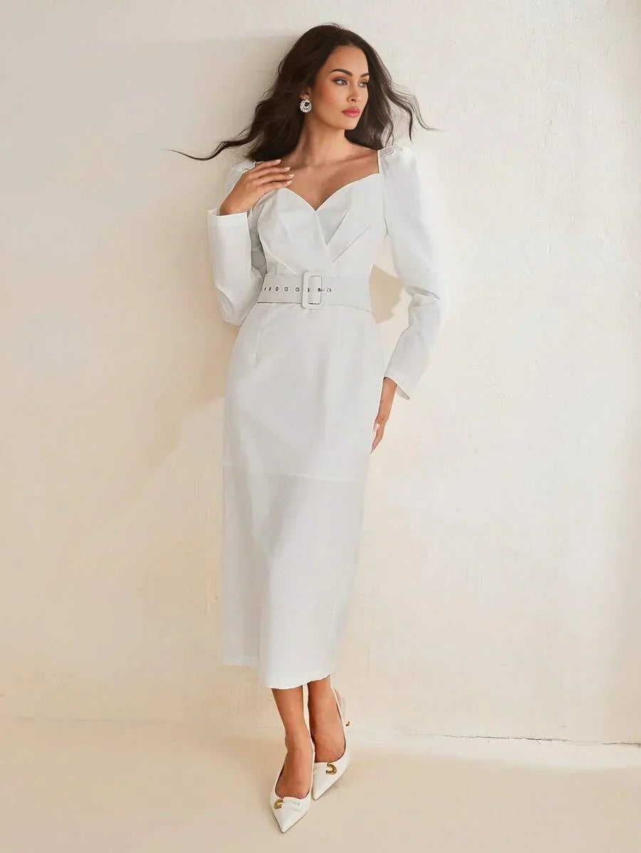 Cassidy Midi Dress - Sweetheart Neckline - Puff Sleeve - High Waist - Elegant Style - Belted & Zipper