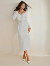 Cassidy Midi Dress - Sweetheart Neckline - Puff Sleeve - High Waist - Elegant Style - Belted & Zipper