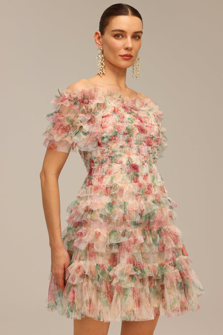 Cassidy Pink Floral Ruffle Off-Shoulder Dress