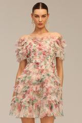 Cassidy Pink Ruffle Floral Print Off Shoulder Dress
