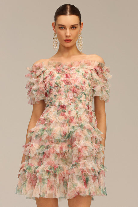 Cassidy Pink Ruffle Floral Print Off Shoulder Dress