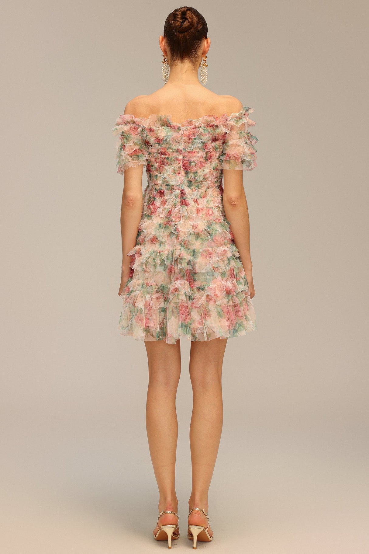 Cassidy Pink Ruffle Floral Print Off-Shoulder Dress for Garden Parties and Brunches
