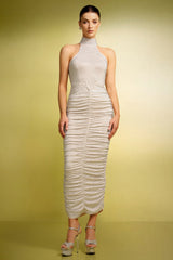 Caterina Beige High Neck Ruched Diamond Detail Sleeveless Dress