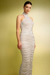 Caterina Beige High Neck Ruched Diamond Detail Sleeveless Dress
