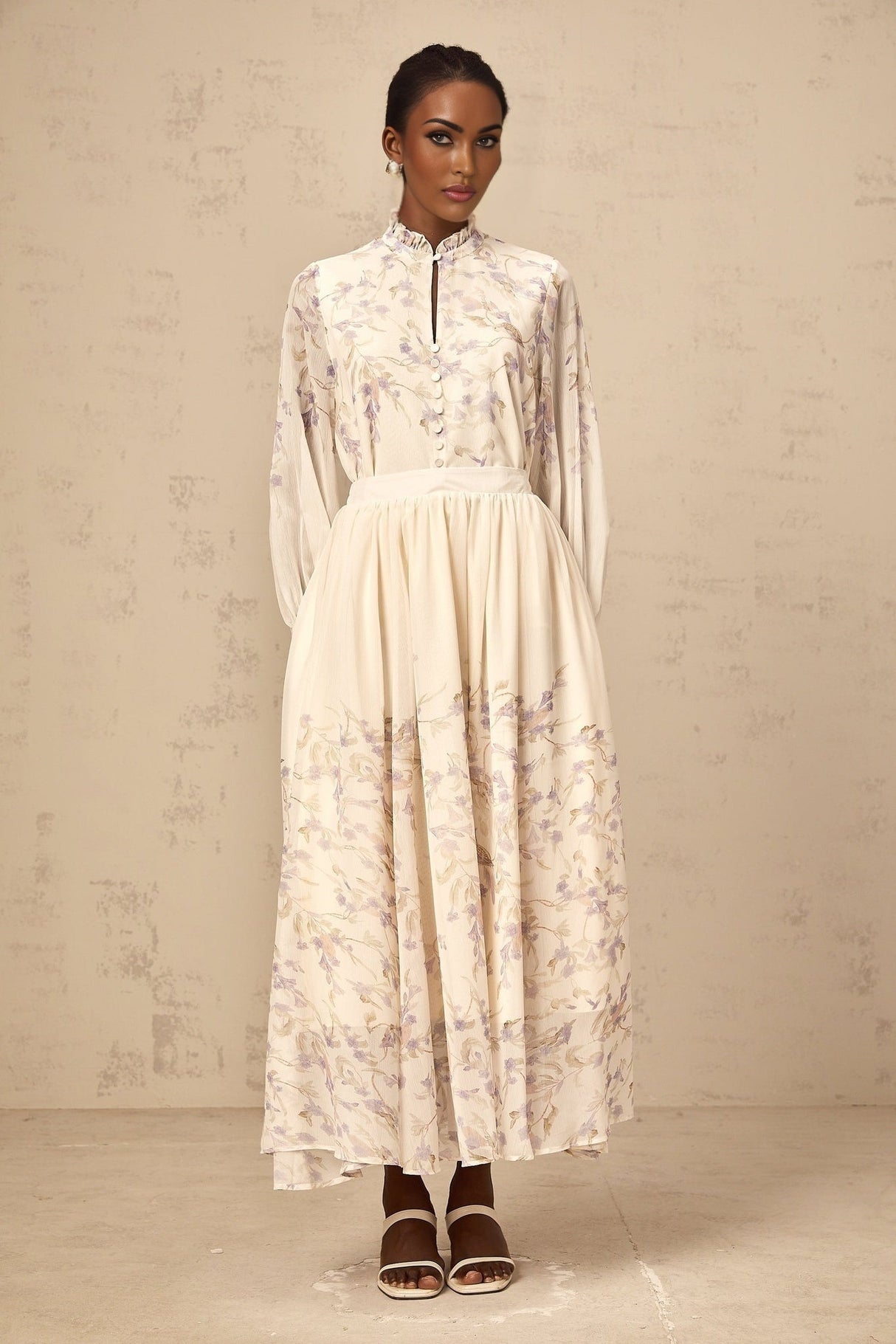 Caterina Floral Blouse and Skirt Set – Frilled Neck – Lantern Sleeves – Pleated Calf - Length Skirt – Lined Design