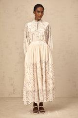 Caterina Floral Blouse and Skirt Set – Frilled Neck – Lantern Sleeves – Pleated Calf - Length Skirt – Lined Design