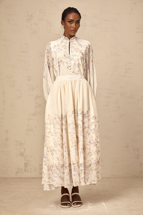Caterina Floral Blouse and Skirt Set – Frilled Neck – Lantern Sleeves – Pleated Calf - Length Skirt – Lined Design