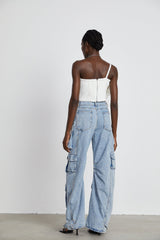 Caterina Floral Top - Off - the - shoulder Style - Sleeveless Design - Floral Applique Detailing - Rear Zip Fastening