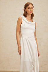 Caterina Maxi Dress - White Satin Twist Open Back Flared Hem