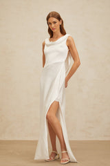 Caterina Maxi Dress - White Satin Twist Open Back Flared Hem