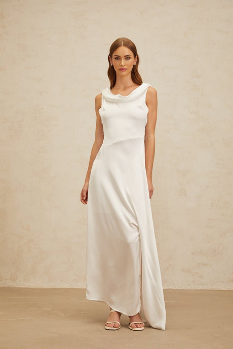 Caterina Maxi Dress - White Satin Twist Open Back Flared Hem
