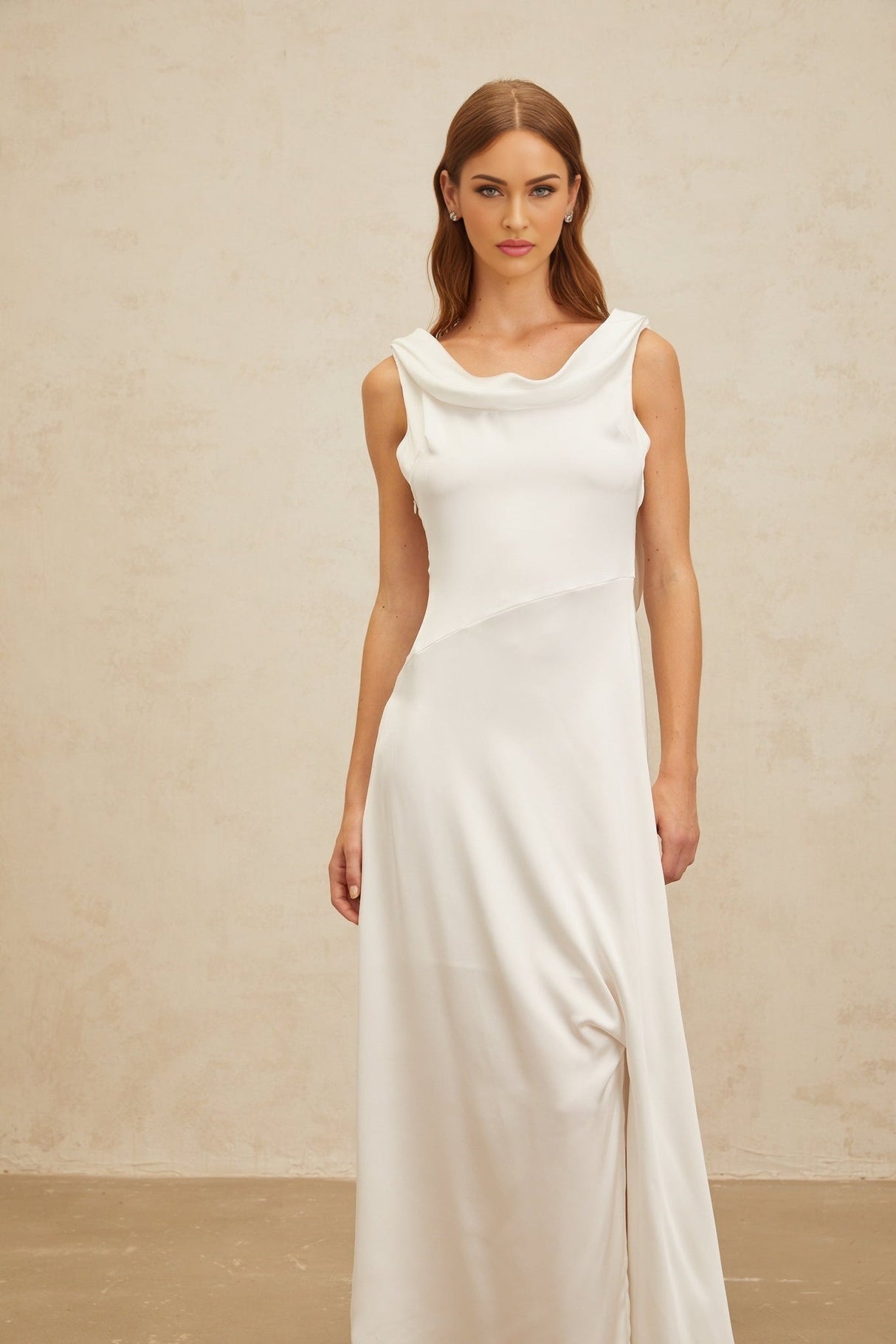 Caterina Maxi Dress - White Satin Twist Open Back Flared Hem