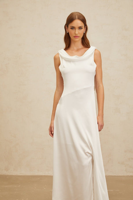 Caterina Maxi Dress - White Satin Twist Open Back Flared Hem