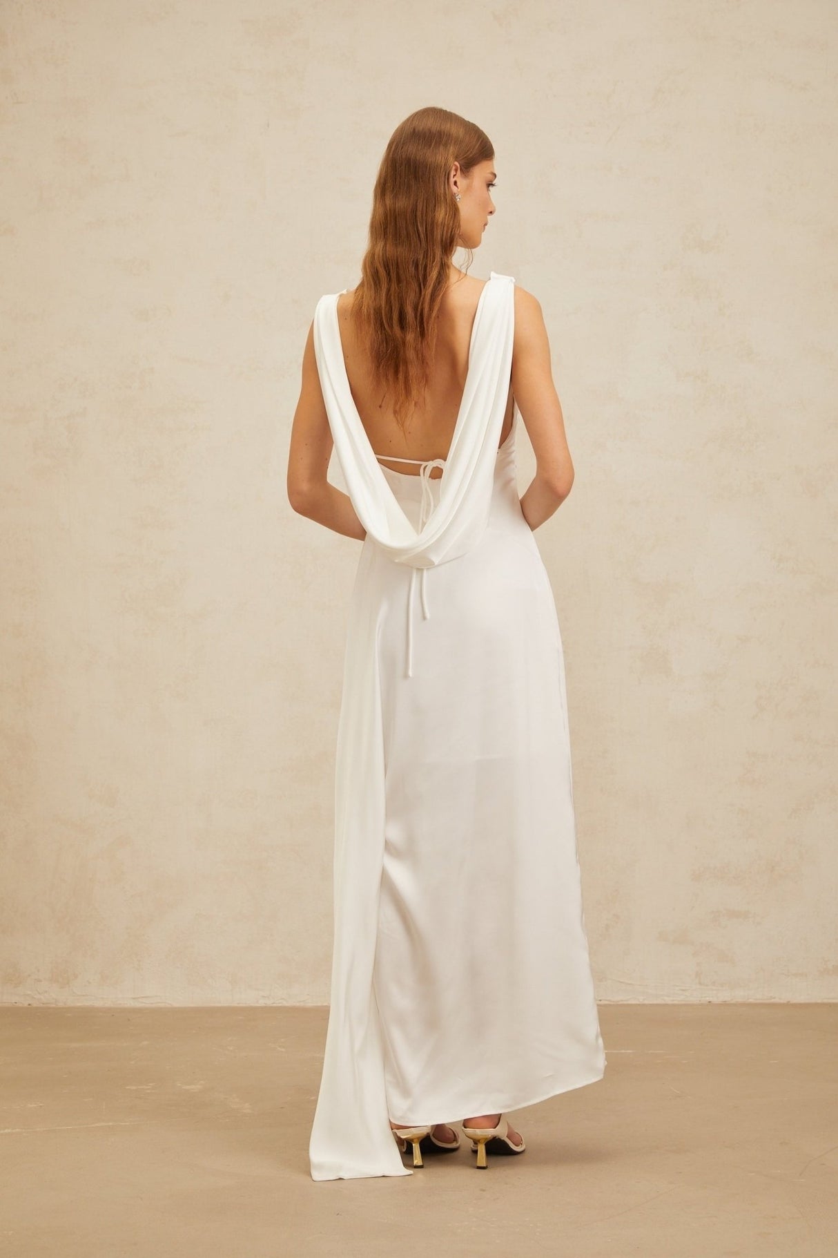 Caterina Maxi Dress - White Satin Twist Open Back Flared Hem