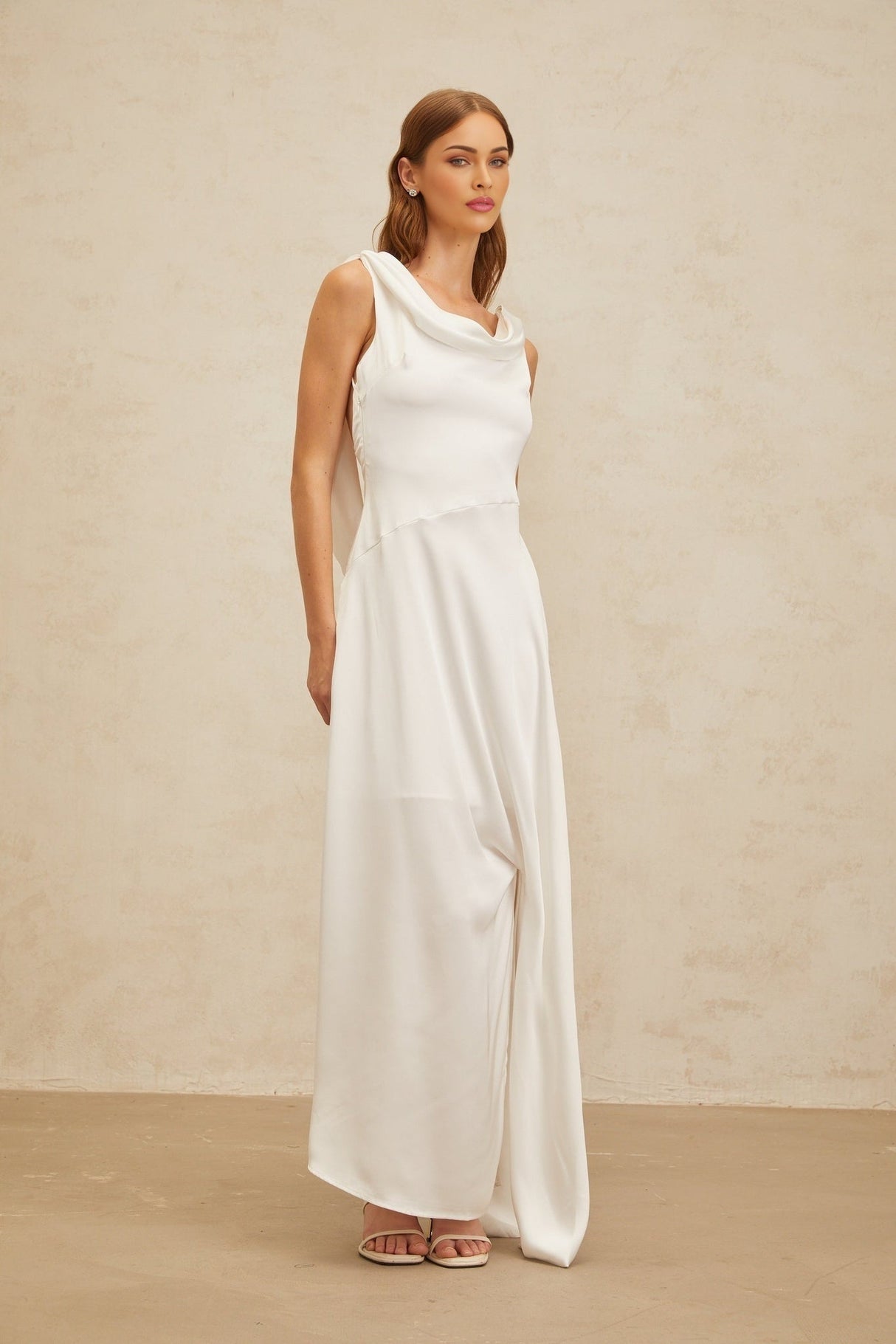 Caterina Maxi Dress - White Satin Twist Open Back Flared Hem