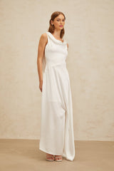 Caterina Maxi Dress - White Satin Twist Open Back Flared Hem