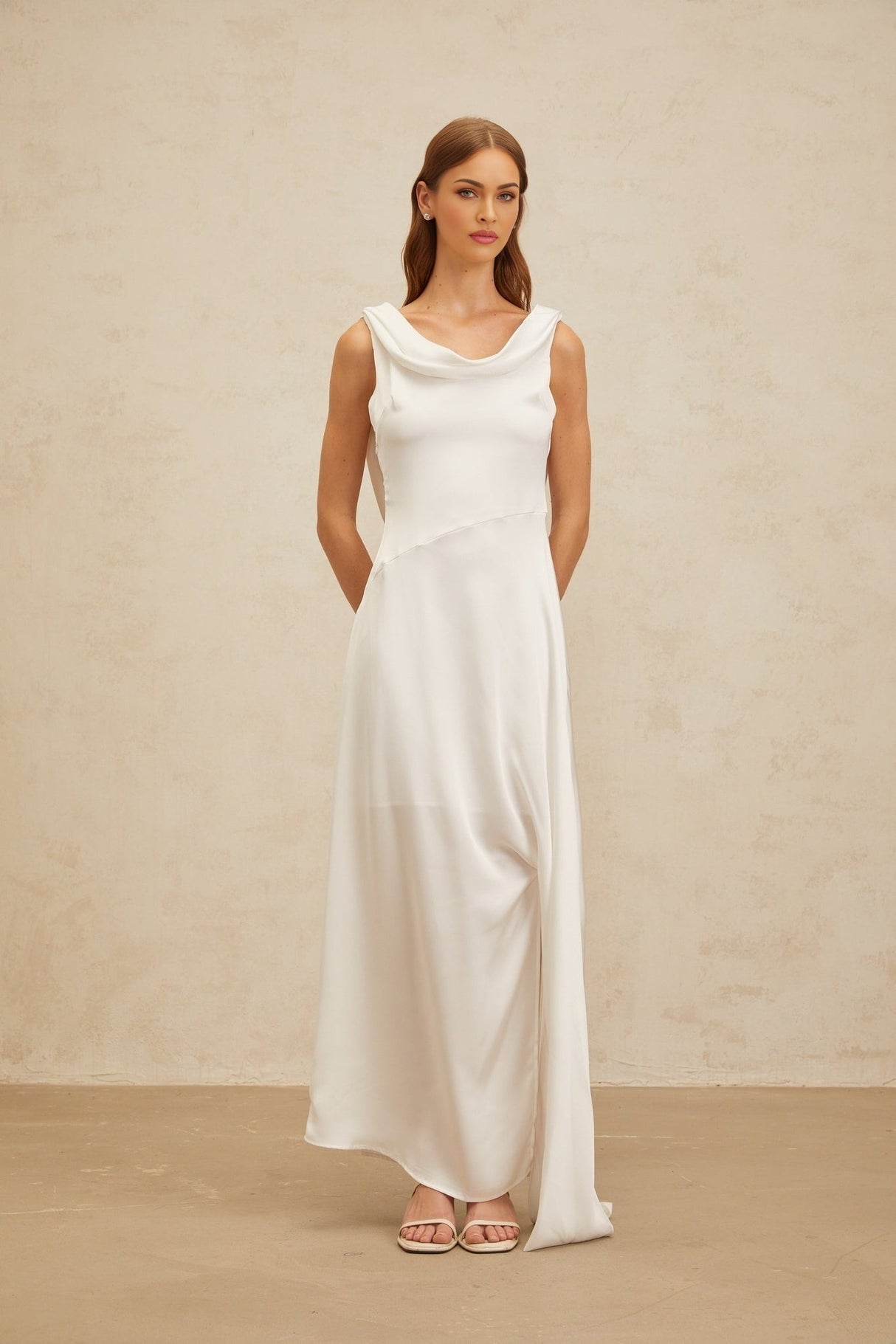 Caterina Maxi Dress - White Satin Twist Open Back Flared Hem