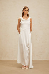 Caterina Maxi Dress - White Satin Twist Open Back Flared Hem