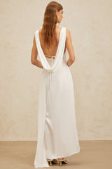 Caterina Maxi Dress - White Satin Twist Open Back Flared Hem