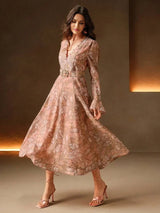 Caterina Midi Dress - V Neck - Flare Sleeve - High Waist - A Line - Elegant