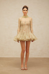 Caterina Mini Dress - Ruffled Neck - Flared Sleeves - Sequin Embellishment - Lace Embroidery - Pleated Detailing