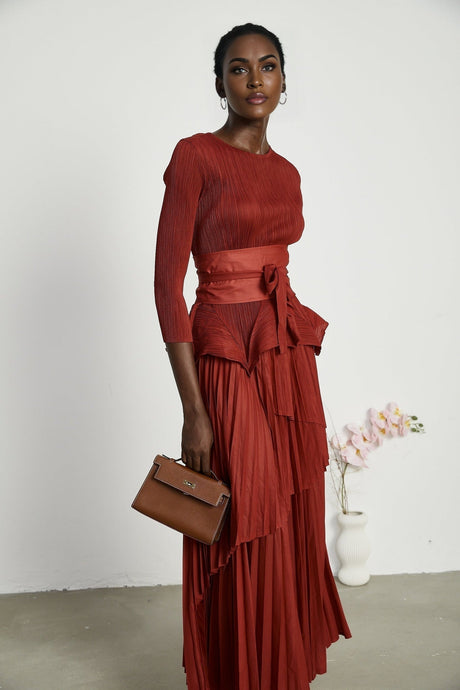 Caterina Top & Skirt Set - Elegant Bow - Tie Detail - Flattering Pleats - Asymmetric Hem - Layered Design - Ankle Length