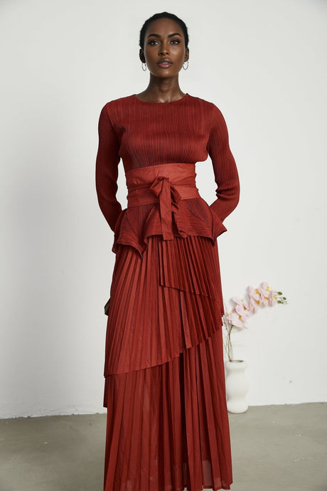 Caterina Top & Skirt Set - Elegant Bow - Tie Detail - Flattering Pleats - Asymmetric Hem - Layered Design - Ankle Length