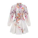 Caterinella Mini Dress White Floral Print Elastic Cuffs & Flared Skirt