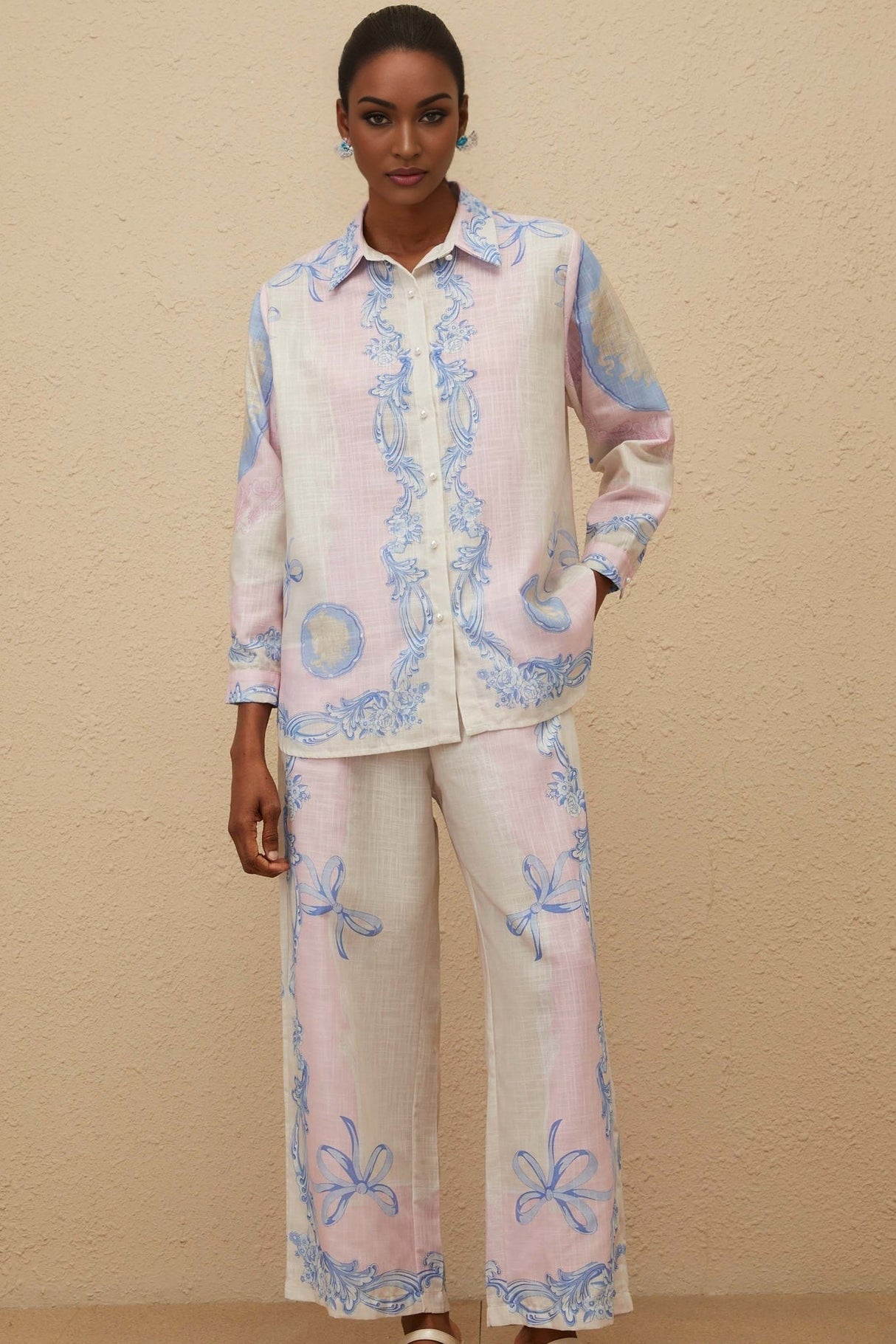 Caterinella Shirt & Trousers Set - Graphic Print - Wide Leg - Buttoned Cuffs