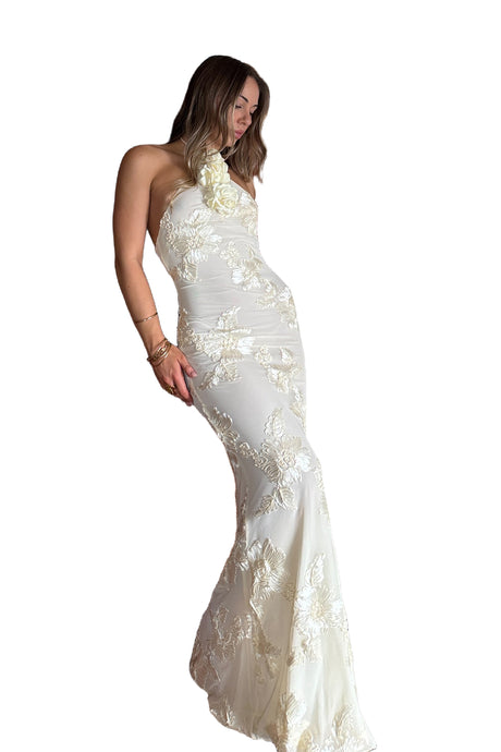 Caterinella White Floral Embroidered Halter Dress for Special Occasions