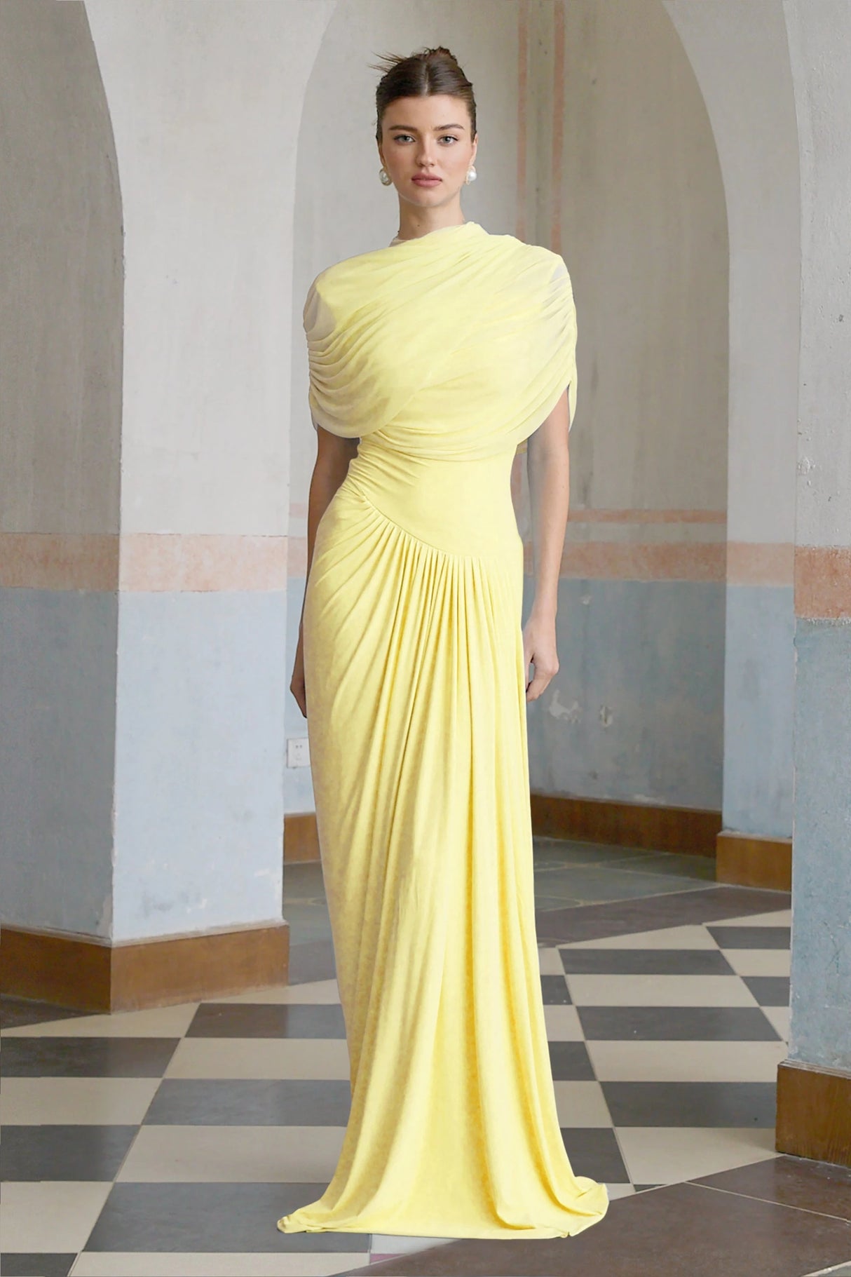 Catherine asymmetrical pleated maxi dress in Yellow