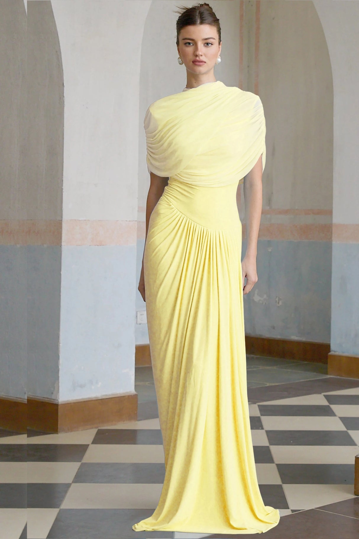 Catherine asymmetrical pleated maxi dress in Yellow