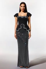 Catherine Black Bandage Peplum Diamond Embellished Evening Dress