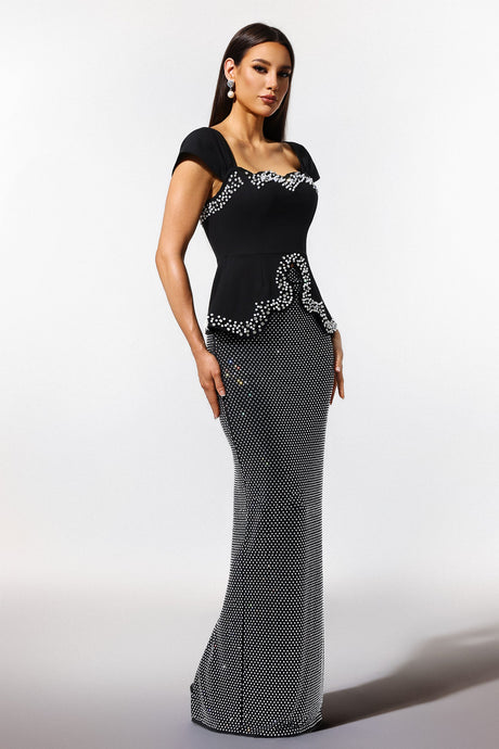 Catherine Black Bandage Peplum Diamond Embellished Evening Dress