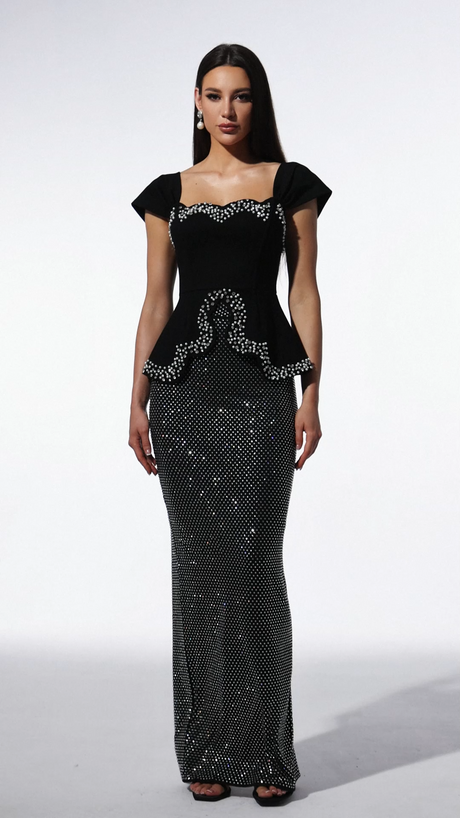 Catherine Black Bandage Peplum Diamond Embellished Floor-Length Dress