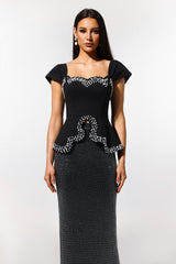 Catherine Black Bandage Peplum Dress with Diamond Embellishments