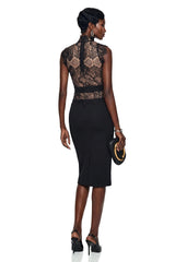 Catherine Black Mock Neck Floral Lace Midi Dress