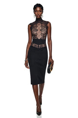 Catherine Black Mock Neck Floral Lace Midi Dress