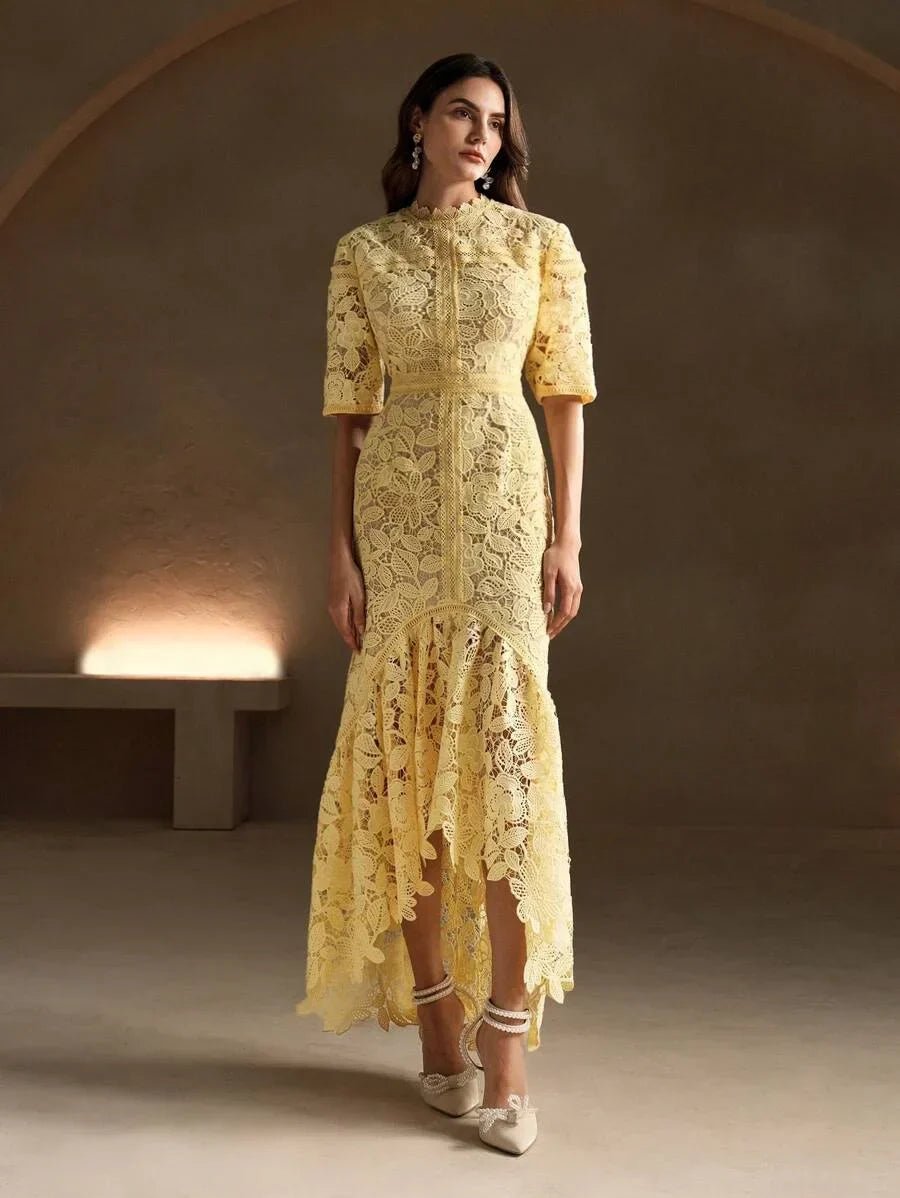 Catherine Catherine Maxi Dress with Floral Lace Design in Yellow