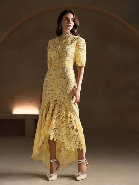 Catherine Catherine Maxi Dress with Floral Lace Design in Yellow