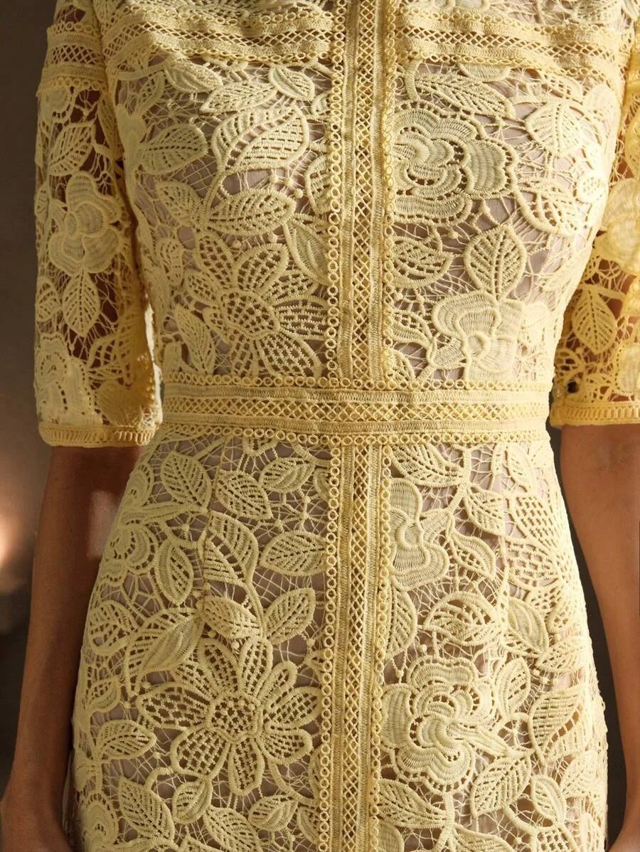 Catherine Catherine Maxi Dress with Floral Lace Design in Yellow