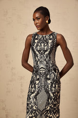 Catherine Maxi Dress - Sleeveless with Boat Neck - Fitted Silhouette - Sequin - Embellished with Mesh and Paisley Jacquard