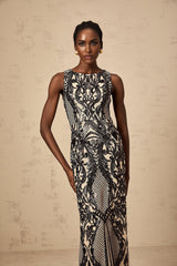Catherine Maxi Dress - Sleeveless with Boat Neck - Fitted Silhouette - Sequin - Embellished with Mesh and Paisley Jacquard