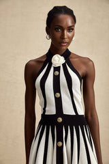 Catherine Mini Dress - Sleeveless Round Neckline Button Detail Open Back Floral Appliqu