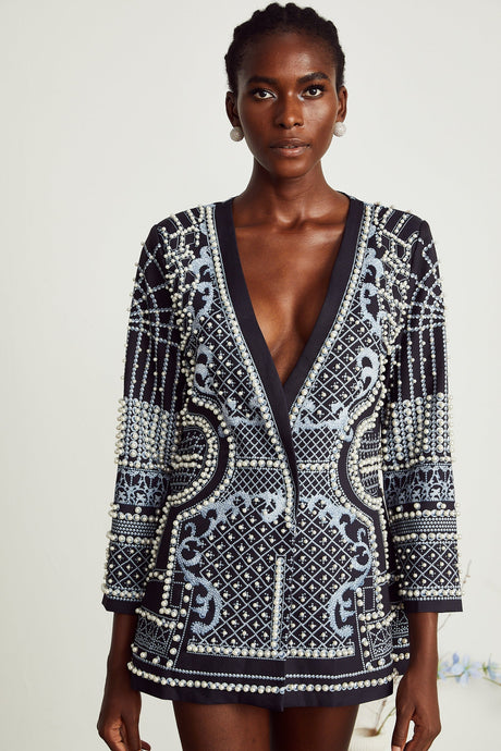Catherine patternprint Vneck blazer dress