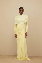 Catherine Yellow Asymmetrical Pleated LongSleeve Maxi Dress