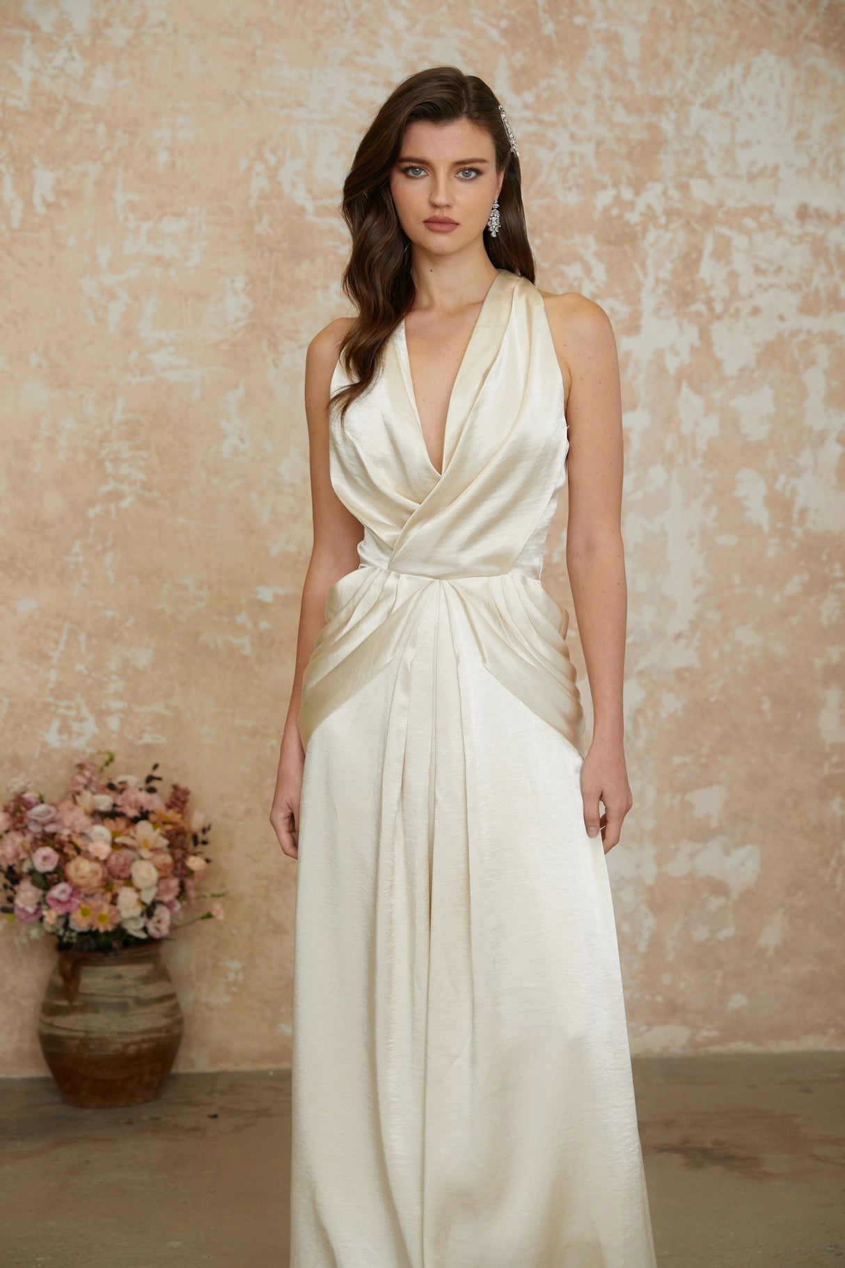Cathmore Champagne Halterneck Draped Maxi Dress